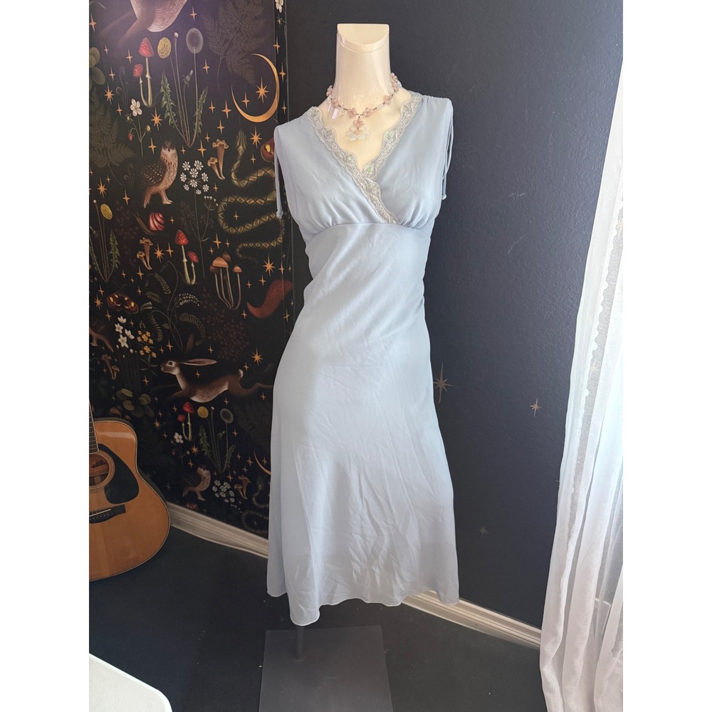 Gemini Light Blue Lace Sequin Y2K Trim Midi Dress Sleeveless V-Neck